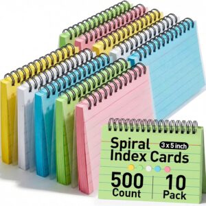 Koogel 500PCS Index Cards 3x5, Colored Ruled Index Cards with Rings for Back to School, Flashcards Heavy Notecards with Waterproof Covers for Studying School College To Do List Supplies, 5 Colors