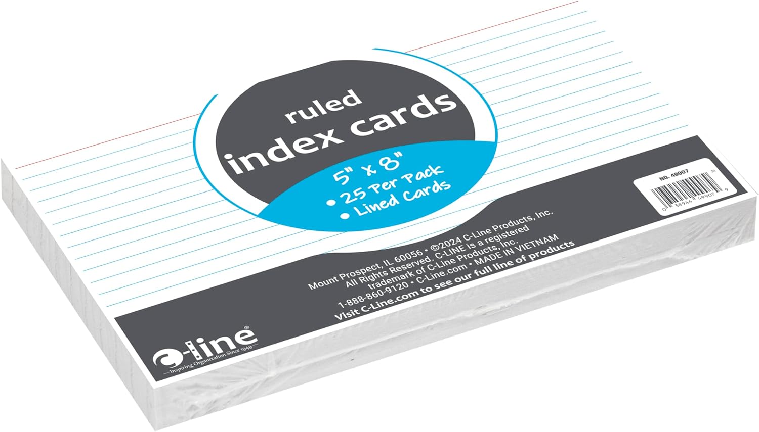 C-Line 5” x 8” Index Cards, White, Ruled, 25/PK (49907) - Image 3