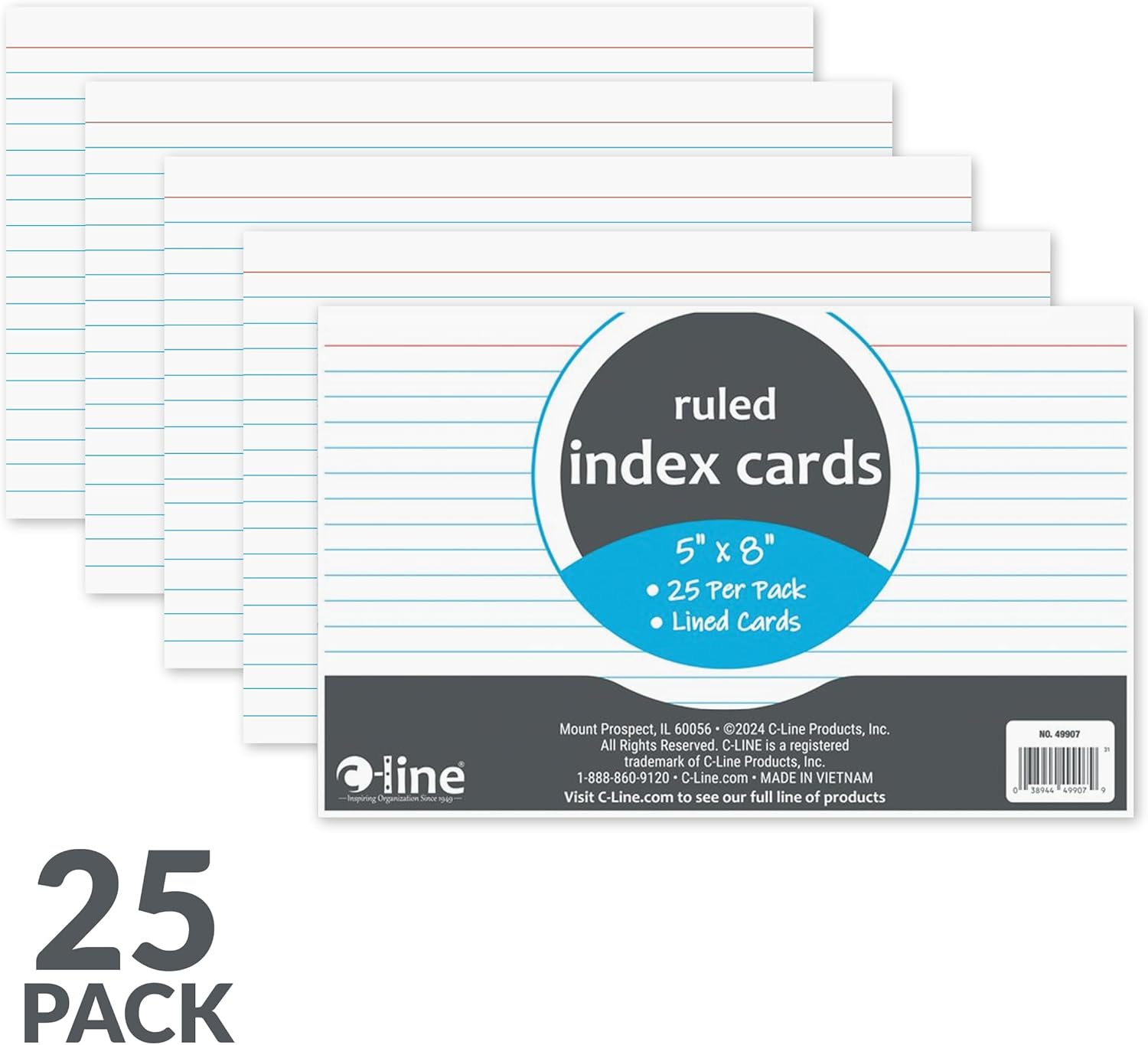 C-Line 5” x 8” Index Cards, White, Ruled, 25/PK (49907) - Image 4