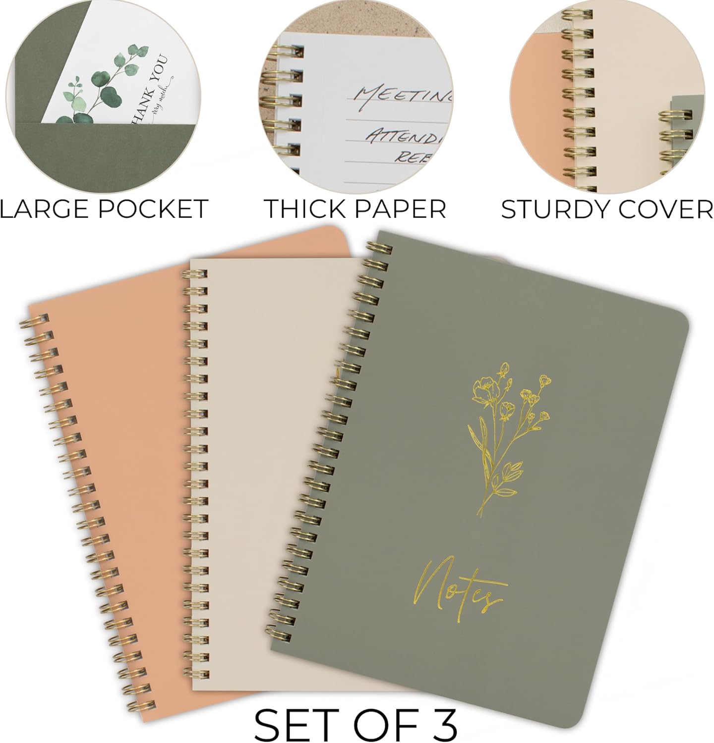 ZICOTO Aesthetic Spiral Notebook Set of 3 For Women - Cute College Ruled 8x6 Journal/Notebook with Large Pockets And Lined Pages - Perfect Supplies to Stay Organized at Work or School - Image 5
