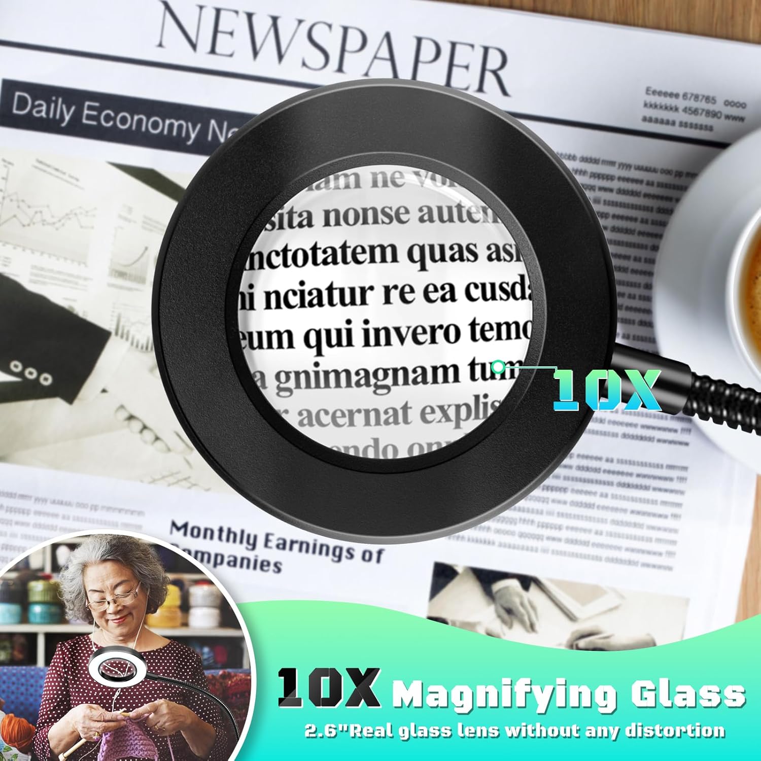 10X Magnifying Glass with Light, Clip on Mganifier with Light, 48 LED Desk Magnifying Glass wtih Clamp, 3 Modes Dimmable Magnifying LED Lamps for Bed Work Crafts DIY Repair Black - Image 2