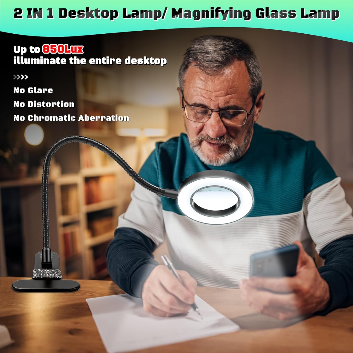 10X Magnifying Glass with Light, Clip on Mganifier with Light, 48 LED Desk Magnifying Glass wtih Clamp, 3 Modes Dimmable Magnifying LED Lamps for Bed Work Crafts DIY Repair Black - Image 3