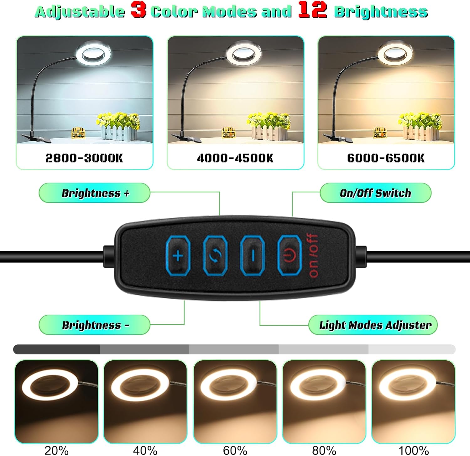 10X Magnifying Glass with Light, Clip on Mganifier with Light, 48 LED Desk Magnifying Glass wtih Clamp, 3 Modes Dimmable Magnifying LED Lamps for Bed Work Crafts DIY Repair Black - Image 4