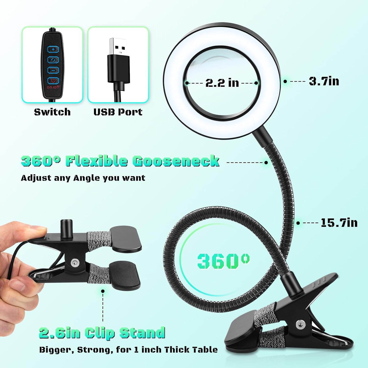10X Magnifying Glass with Light, Clip on Mganifier with Light, 48 LED Desk Magnifying Glass wtih Clamp, 3 Modes Dimmable Magnifying LED Lamps for Bed Work Crafts DIY Repair Black - Image 5
