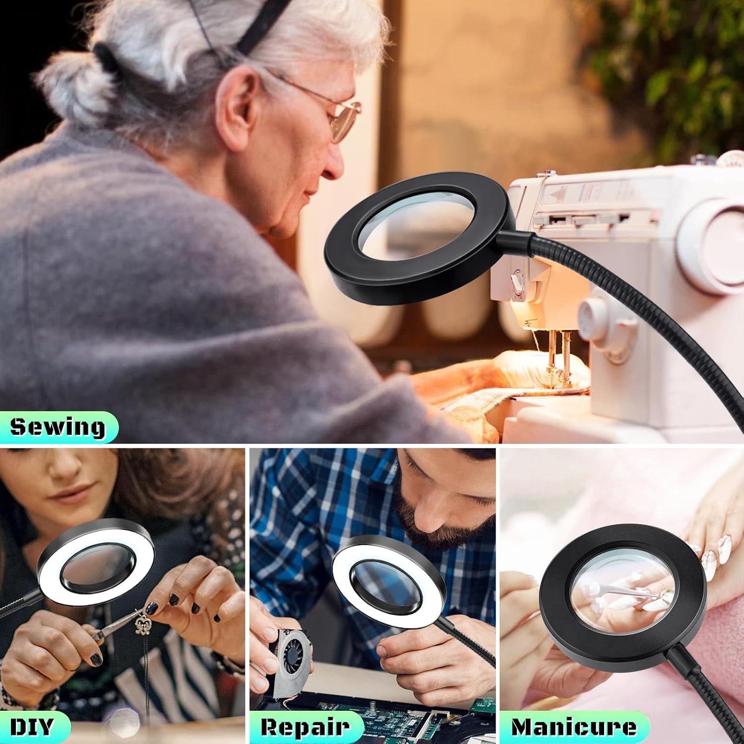 10X Magnifying Glass with Light, Clip on Mganifier with Light, 48 LED Desk Magnifying Glass wtih Clamp, 3 Modes Dimmable Magnifying LED Lamps for Bed Work Crafts DIY Repair Black - Image 7