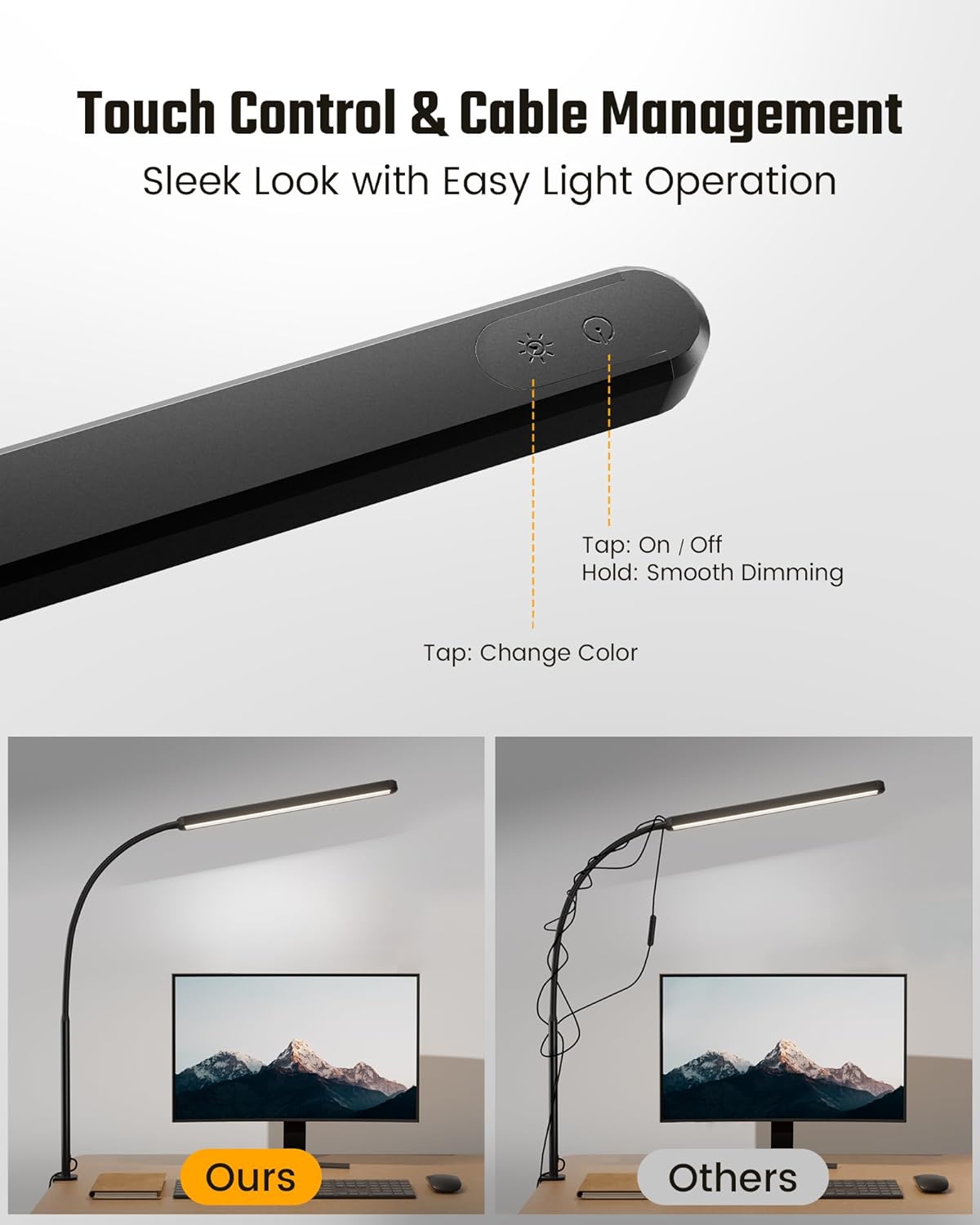 SUPERDANNY Eye-Caring LED Desk Lamp 360° Flexible Gooseneck Work Lamp with Desk Side Clamp Touch Control 3 Light Colors Smooth Dimming Task Lighting Reading Light for Home Office College Dorm, Black - Image 4