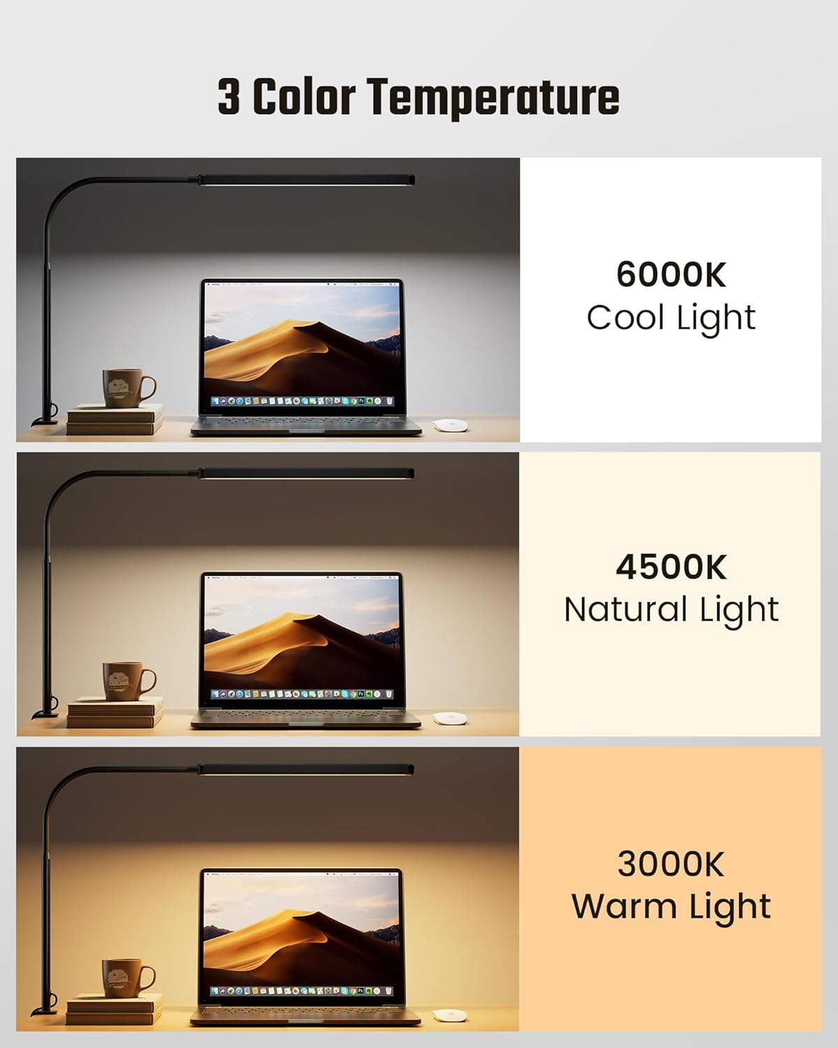SUPERDANNY Eye-Caring LED Desk Lamp 360° Flexible Gooseneck Work Lamp with Desk Side Clamp Touch Control 3 Light Colors Smooth Dimming Task Lighting Reading Light for Home Office College Dorm, Black - Image 5