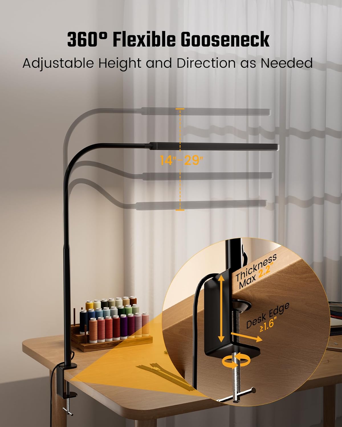 SUPERDANNY Eye-Caring LED Desk Lamp 360° Flexible Gooseneck Work Lamp with Desk Side Clamp Touch Control 3 Light Colors Smooth Dimming Task Lighting Reading Light for Home Office College Dorm, Black - Image 7